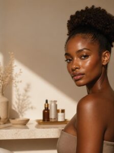 a melanin-rich skin woman posing beside skincare products