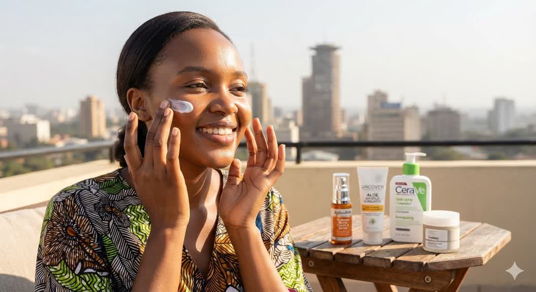A smiling Kenyan woman with a rich brown skin tone applies a white facial cream while sitting on a rooftop terrace with the Nairobi city skyline in the background, surrounded by skincare products like CeraVe, Uncover sunscreen, and Ageless Belle serums on a wooden table.