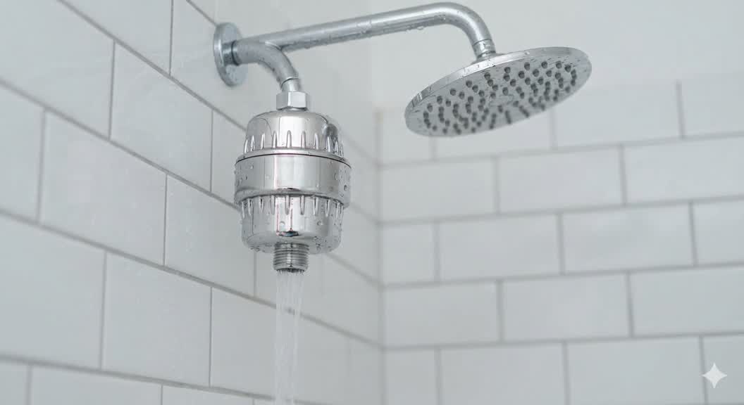 An image showing a shower filter in a cool bathroom